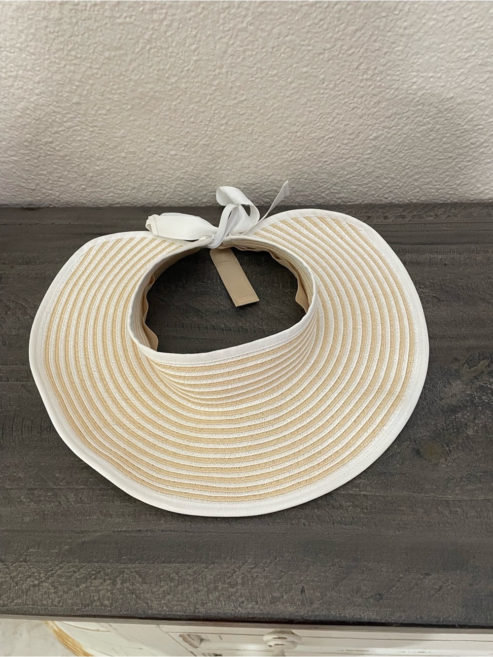 Talbots Women's Ribbon-Tie Straw Sun Visor in Cream and White